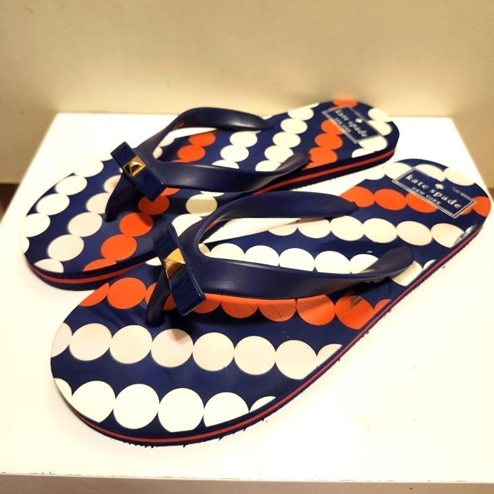 New Kate Spade NY "Nadine" RO&B Polka Dot Bow W/Stud Flip Flops Sz.M=7/8 Ret.$89
